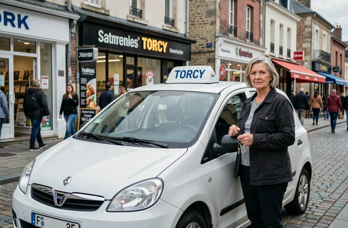 Chauffeuse taxi debout près d'un taxi blanc devant une zone commerciale animée à Torcy pour Abc Taxi