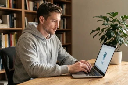 Homme utilisant un VPN sur son ordinateur portable pour accéder à un site bloqué en toute sécurité