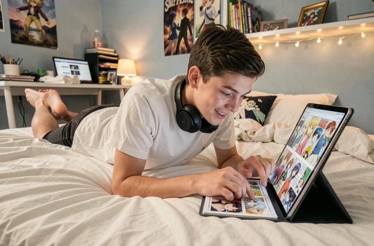 Adolescent lisant des mangas rapidement sur tablette allongé dans sa chambre avec des posters d'anime
