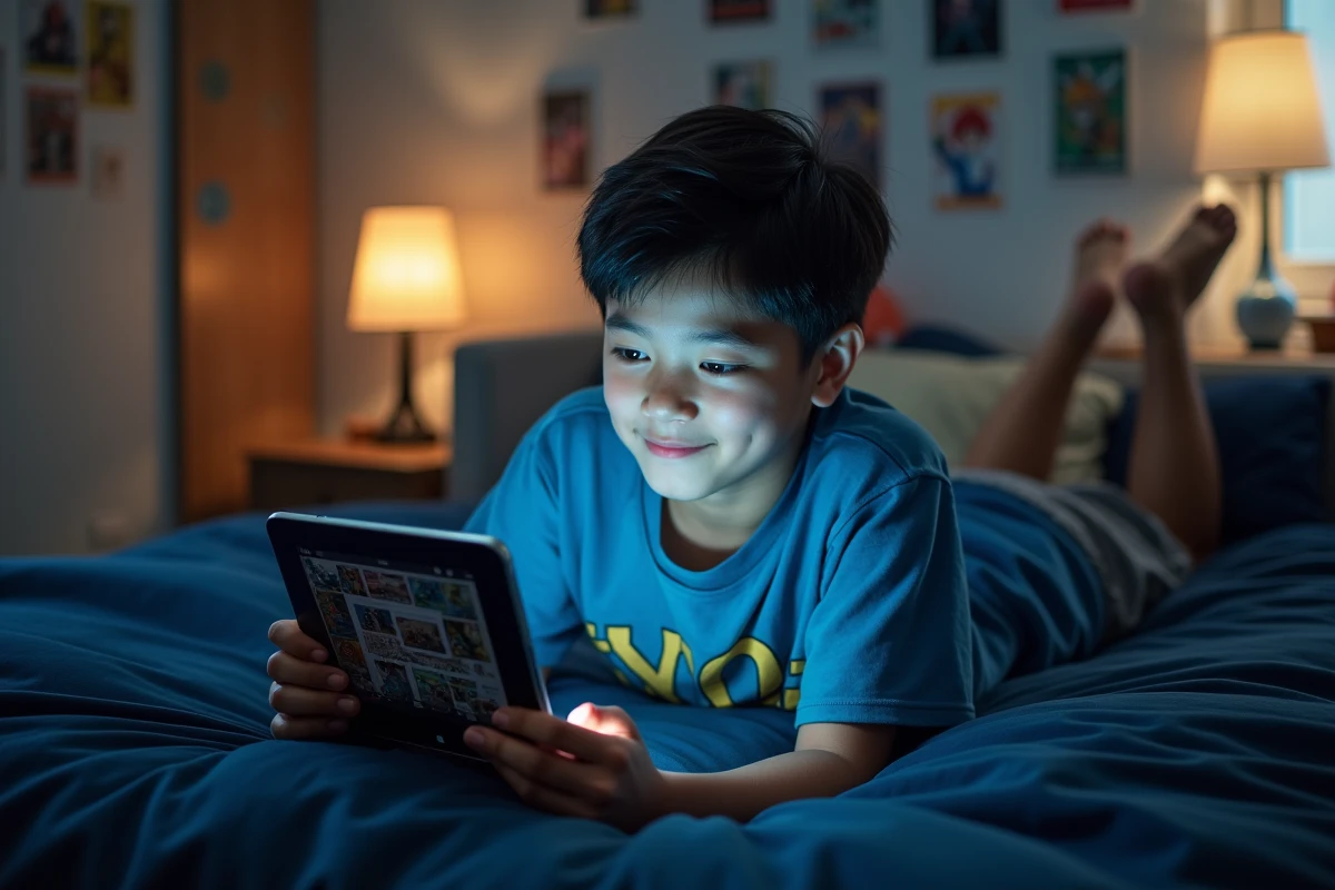 Adolescent lisant des scans manga sur une tablette numérique allongé sur son lit dans une chambre décorée d'affiches d'anime