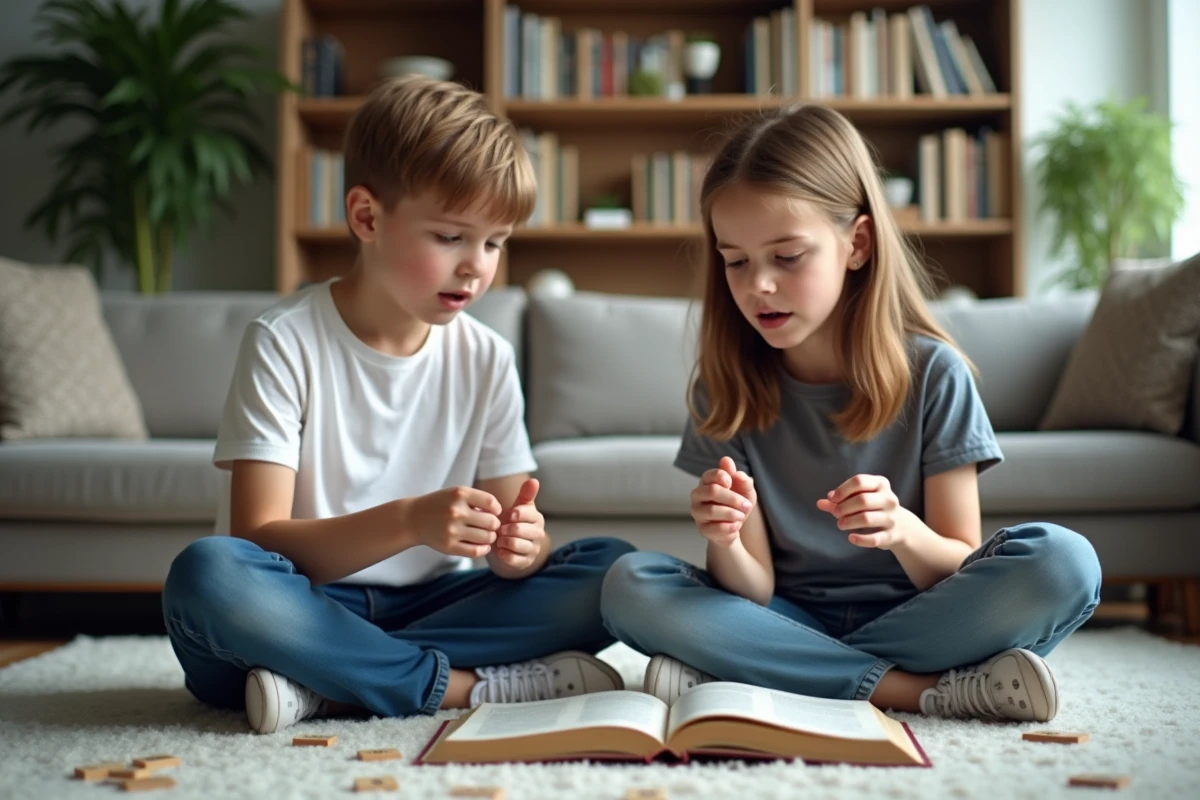Adolescents jouant au Scrabble dans le salon