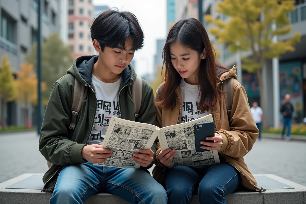 Deux adolescents discutant de manga sur un banc en ville