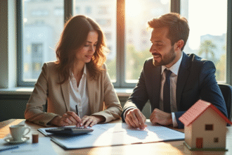 Agent immobilier et propriétaire discutant documents dans un bureau lumineux