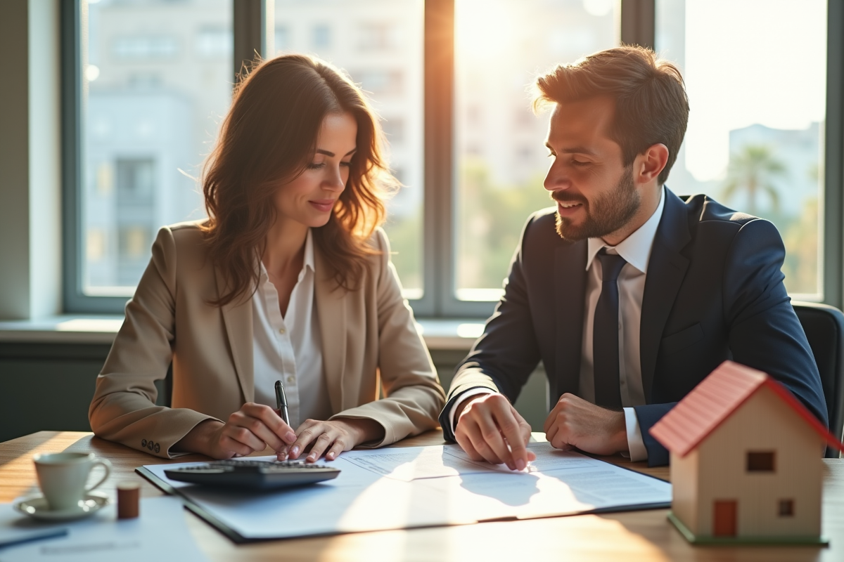 Agent immobilier et propriétaire discutant documents dans un bureau lumineux