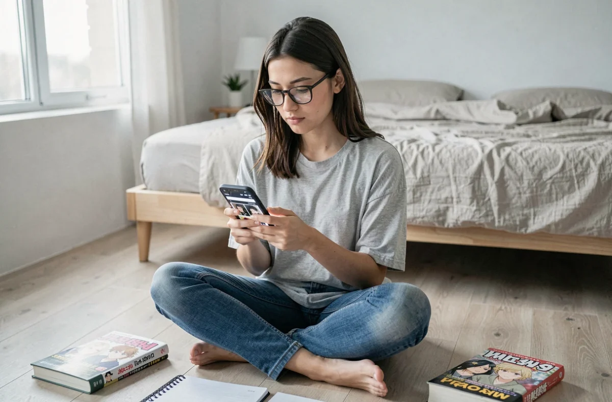 Jeune femme recherchant une alternative à Sushu Scan sur son smartphone pour retrouver son historique de lecture manga