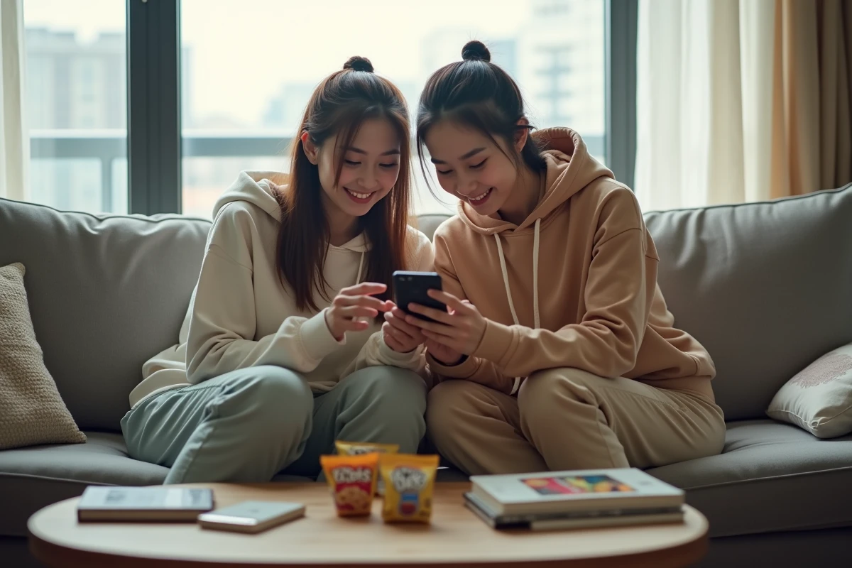 Deux amis parcourant ensemble une application légale de manga BL sur smartphone dans un salon