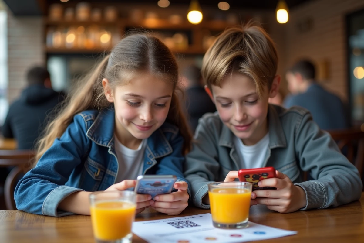 Deux adolescents partageant des codes QR Brawl Stars imprimés dans un café moderne