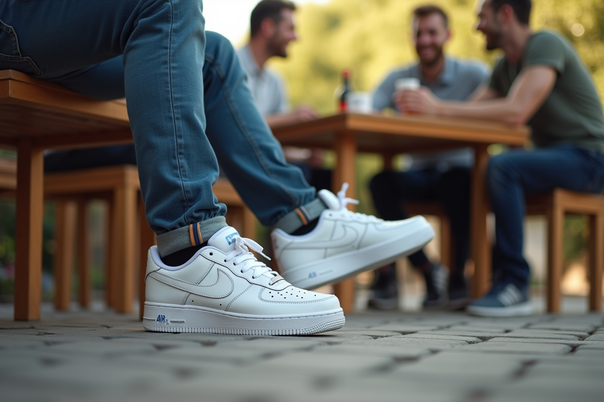 Groupe d amis riant avec sneakers blanches lors d une rencontre