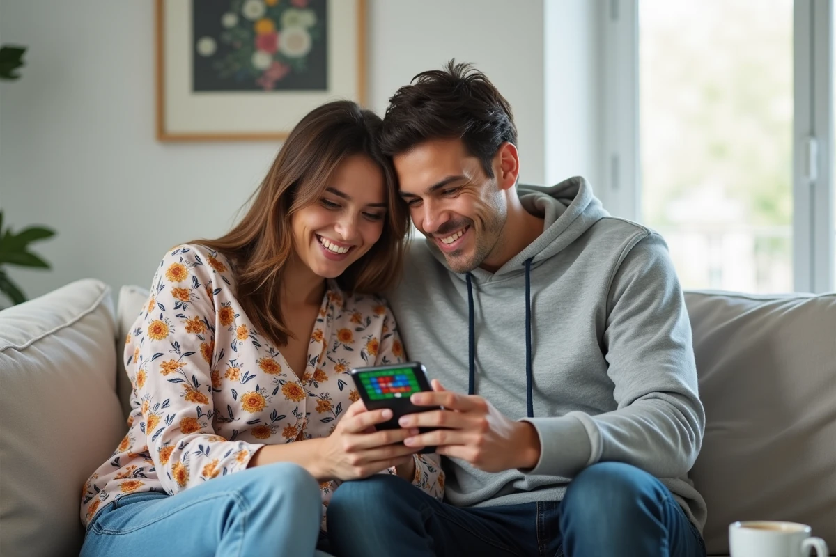 Deux amis cherchant ensemble la solution d'un mot de 8 lettres dans le jeu 4 Images 1 Mot sur canapé