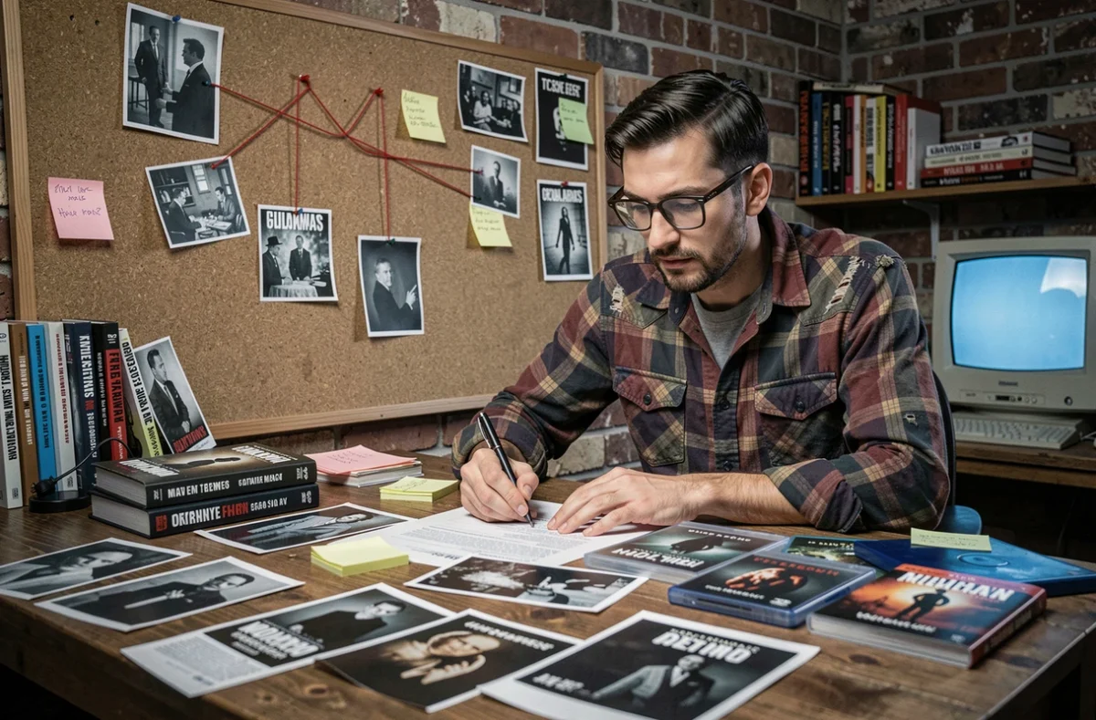 Fan de cinéma analysant les connexions entre les volets de Destination Finale avec des photos et des fils rouges sur un tableau liège