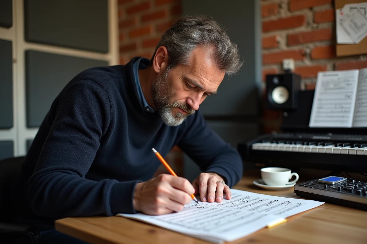 Musicien annotant une tablature piano de Mistral Gagnant à son bureau dans un studio de musique à domicile