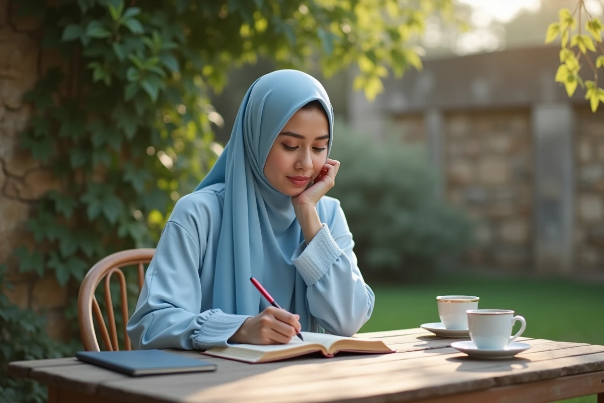Jeune femme annotant un Quran dans un jardin ensoleille