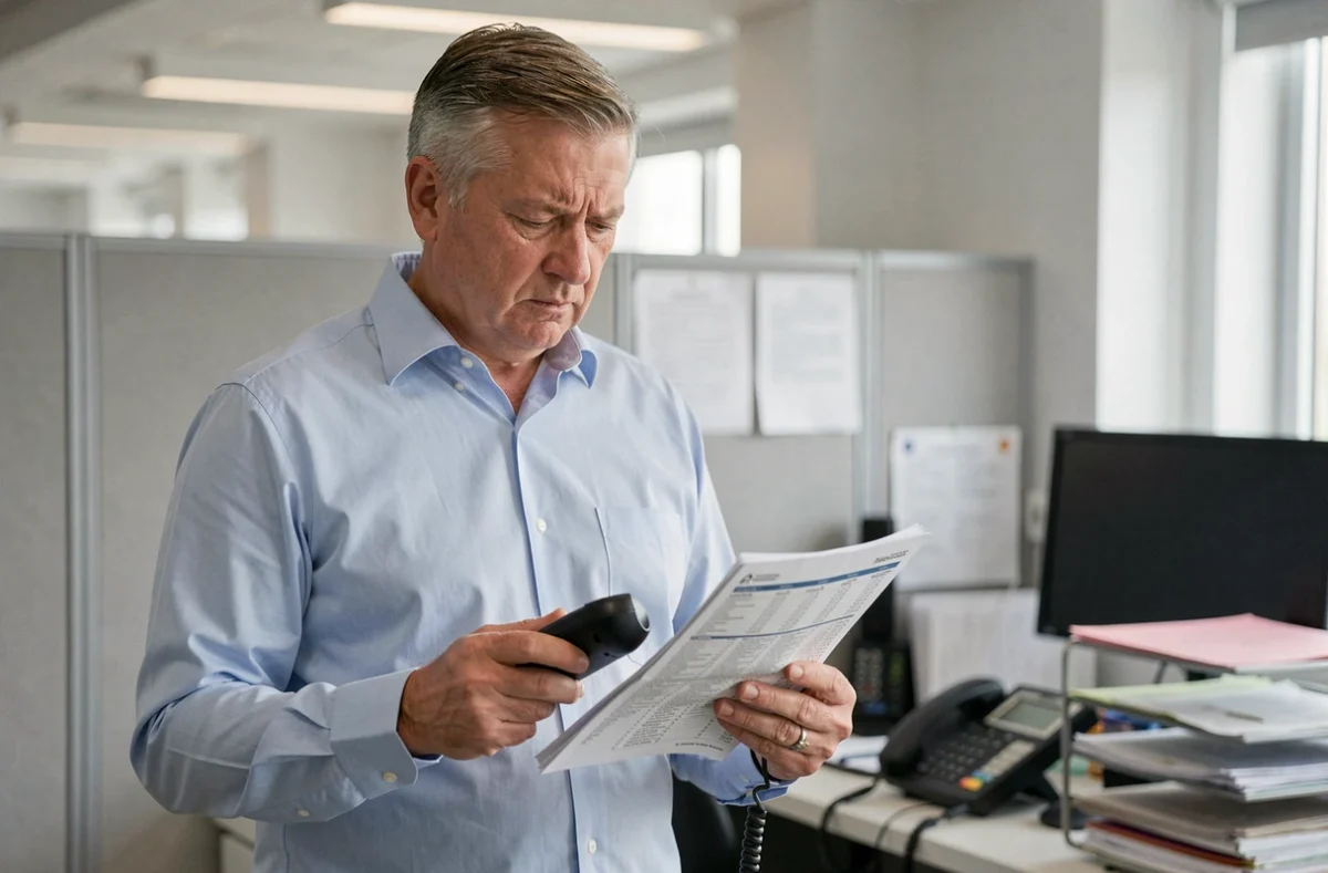 Employé de bureau consultant un annuaire téléphonique imprimé pour identifier un numéro surtaxé