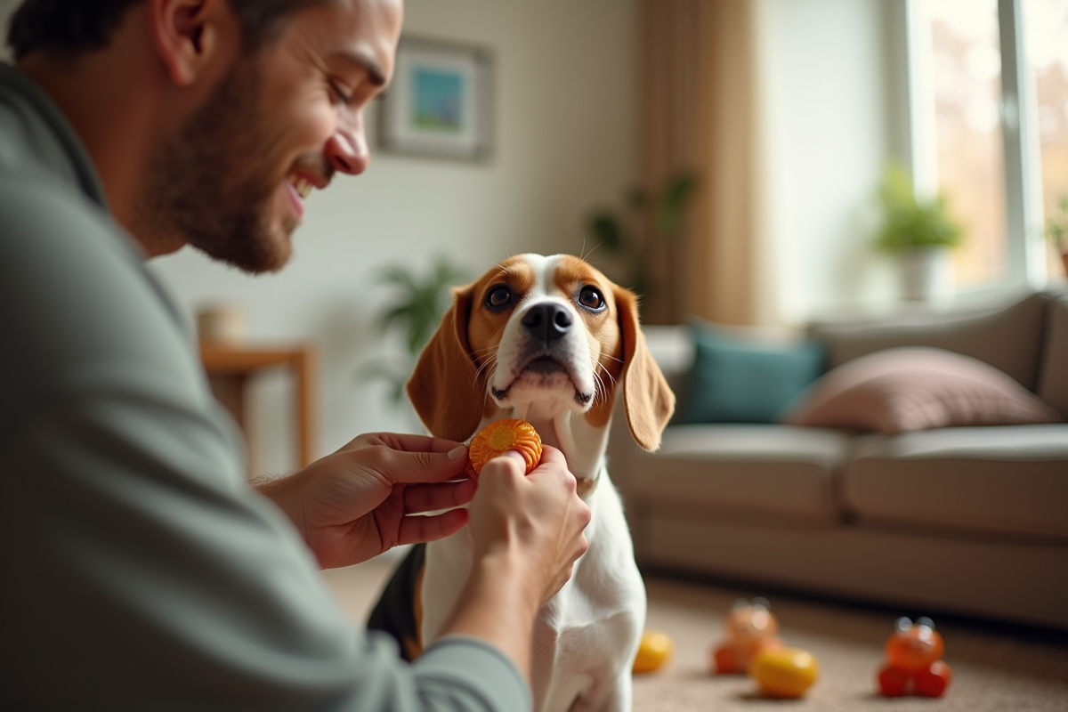Chien beagle citron en intérieur avec son maître et friandise