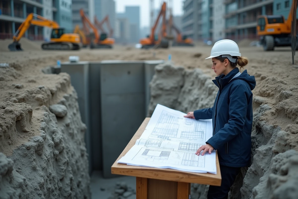Architecte femme consultant des plans techniques au bord d'une tranchée de fondation sur un terrain difficile en milieu urbain