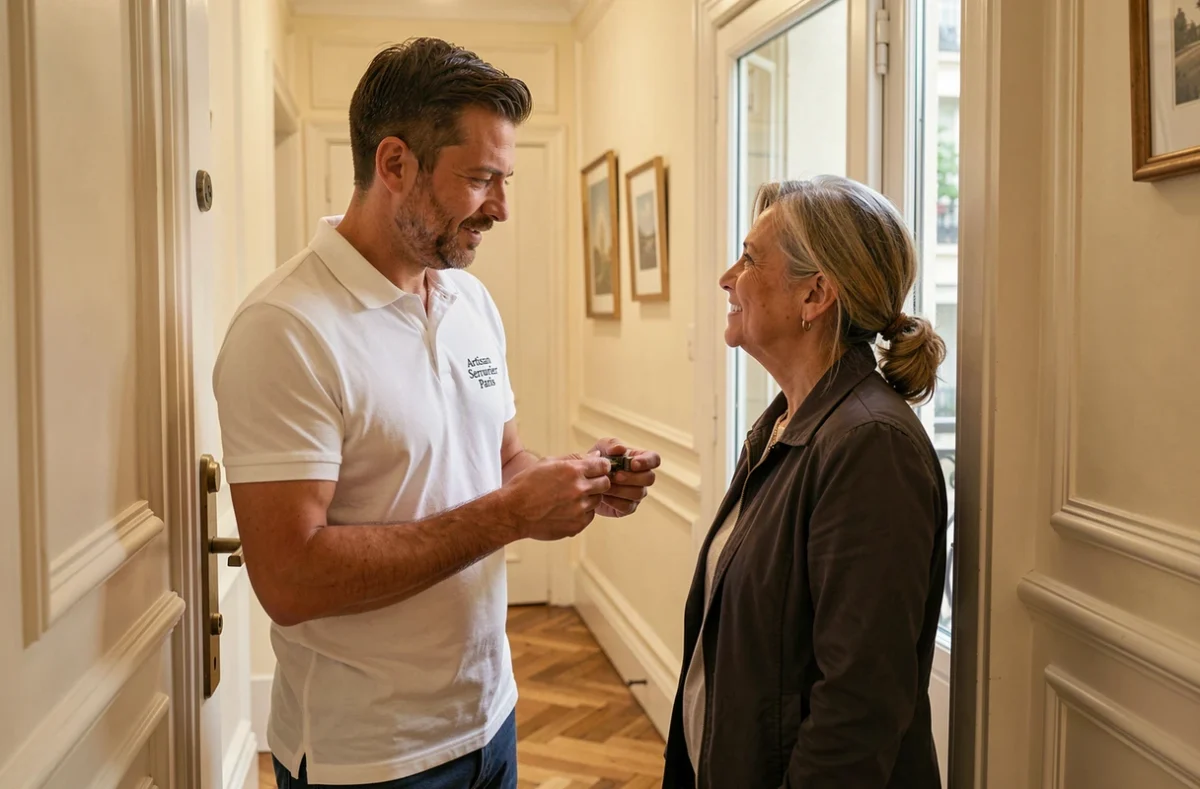 Artisan Serrurier Paris expliquant une nouvelle serrure à une résidente dans le couloir de son immeuble