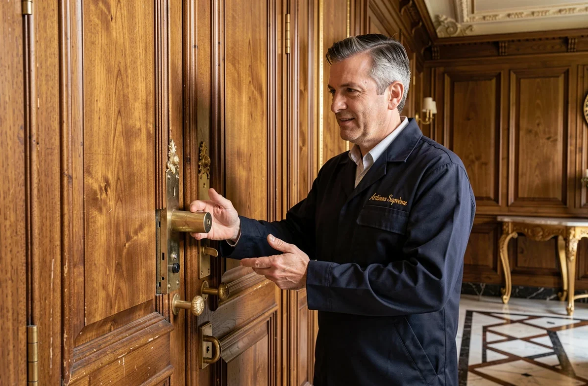 Artisan d'Artisans Suprême présentant une installation de serrure haut de gamme dans un hôtel particulier parisien