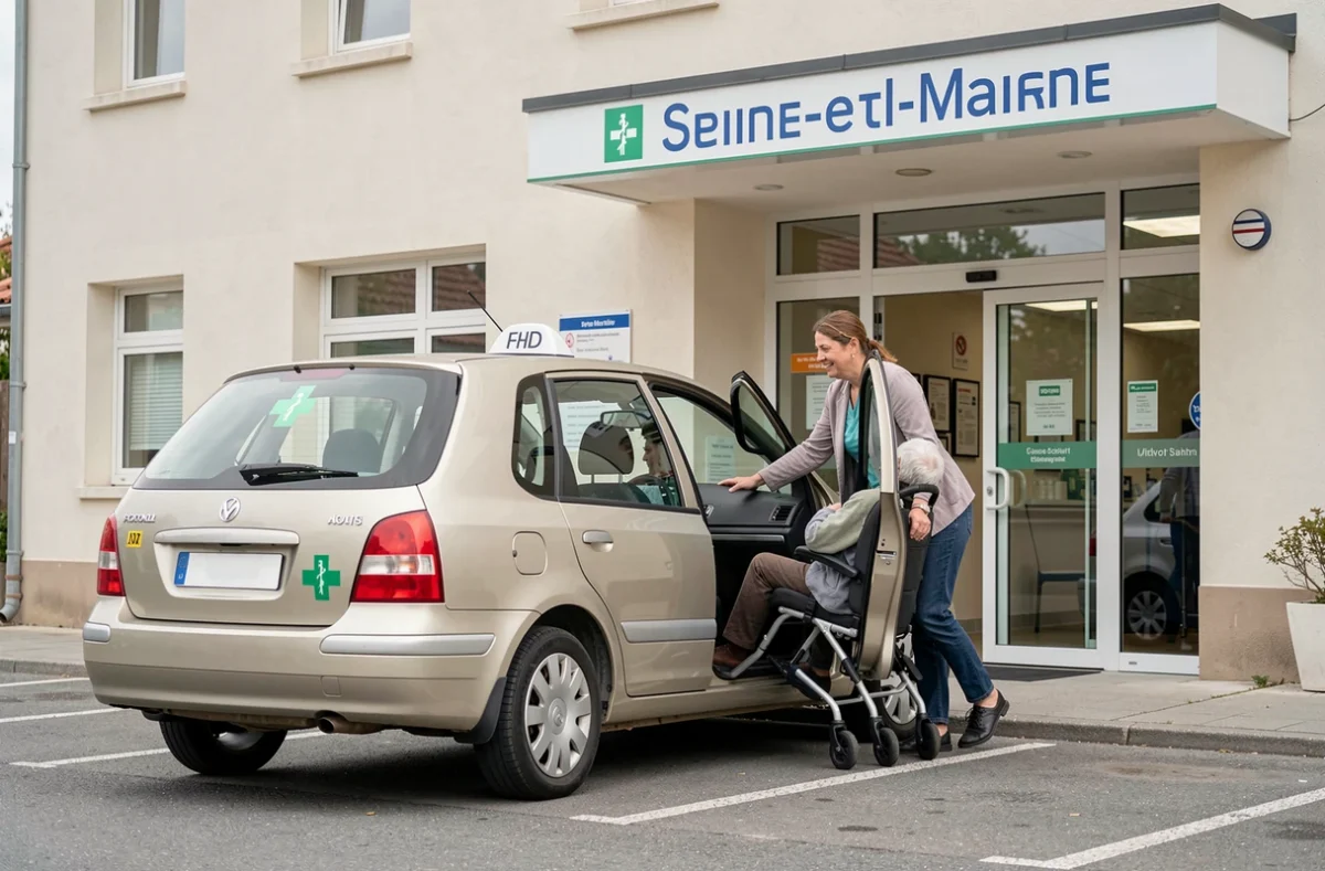 Taxi conventionné avec une croix verte médicale devant une clinique en Seine-et-Marne pour ASJ Taxis Conventionné