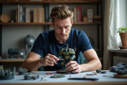 Jeune homme assemble miniature Moirax Armiger dans son studio