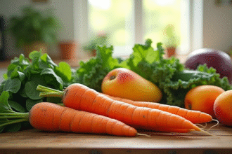 Assortiment de légumes et fruits riches en vitamine A sur une table