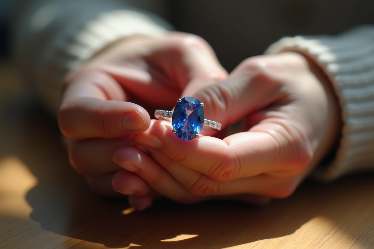 Mains âgées tenant une bague en saphir bleu symbole d'amour