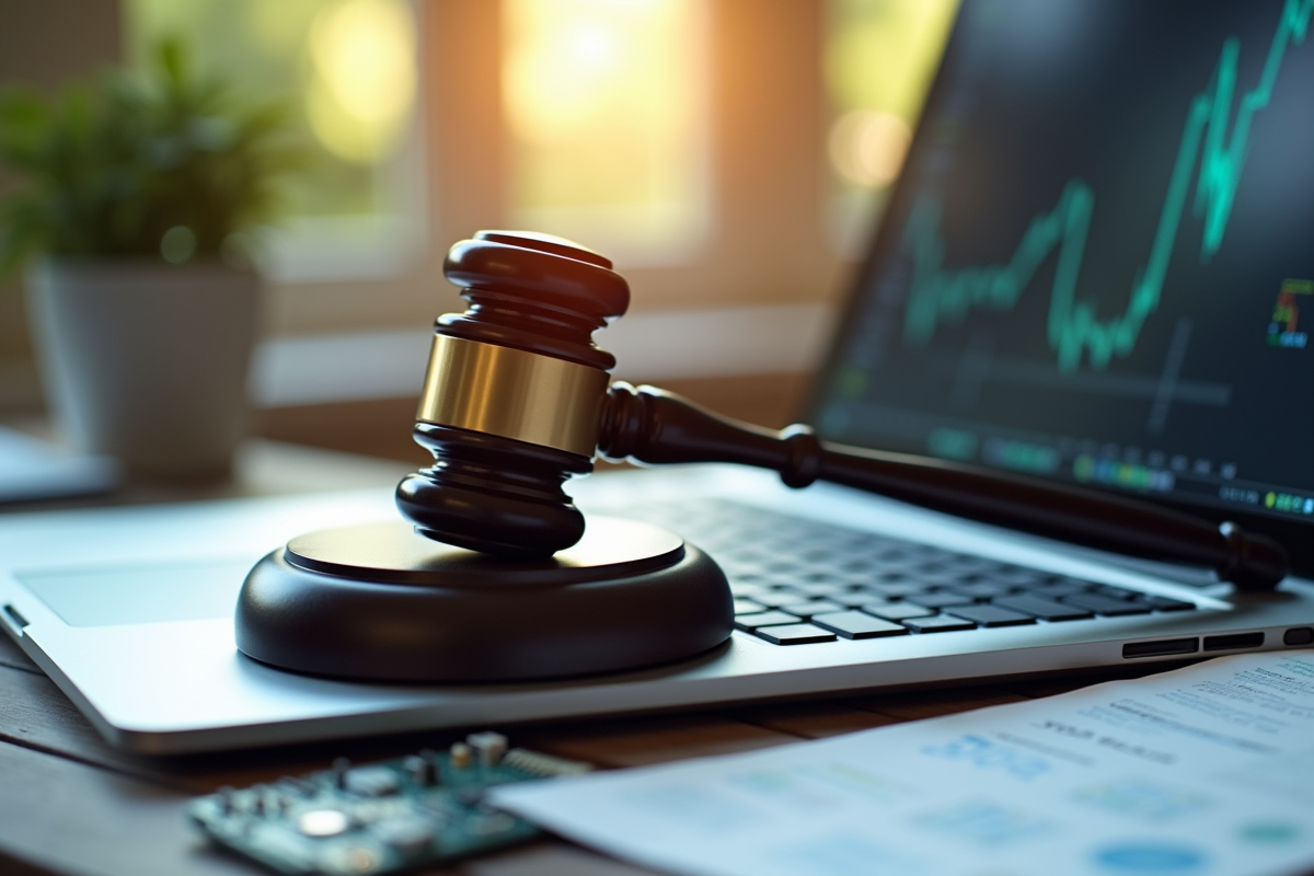 Balance de justice sur un ordinateur avec documents et circuit