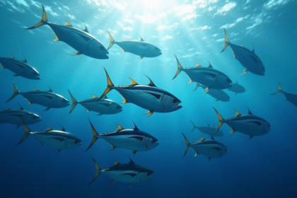 Une école de thons nageant dans l'eau bleue de l'océan