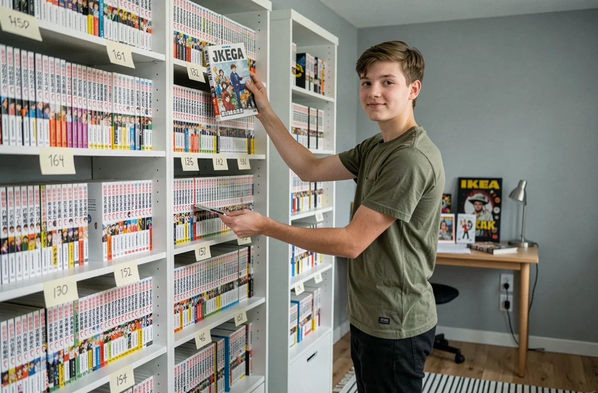 Adolescent devant une bibliothèque bien organisée avec des mangas classés par série et par numéro de volume