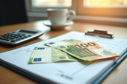 Billets euros et calculatrice sur un bureau lumineux