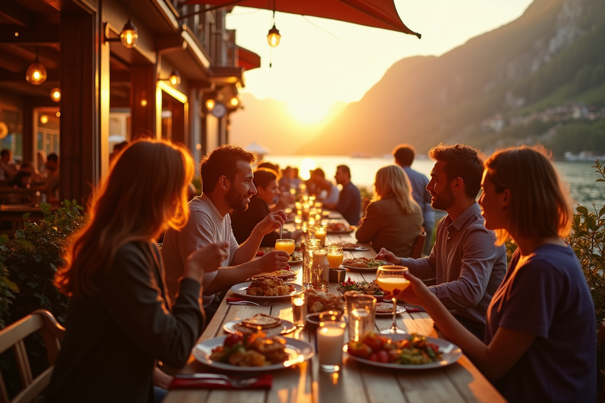 Terrasse de café en plein air au coucher du soleil avec montagnes