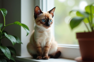Chat siamois aux yeux bleus sur une fenêtre lumineuse