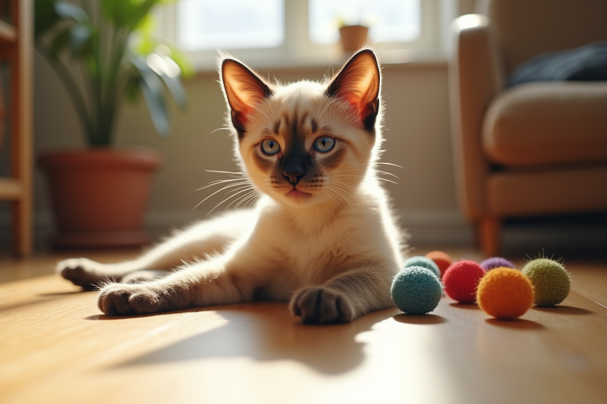 Chat siamois jouant avec des jouets dans un salon lumineux