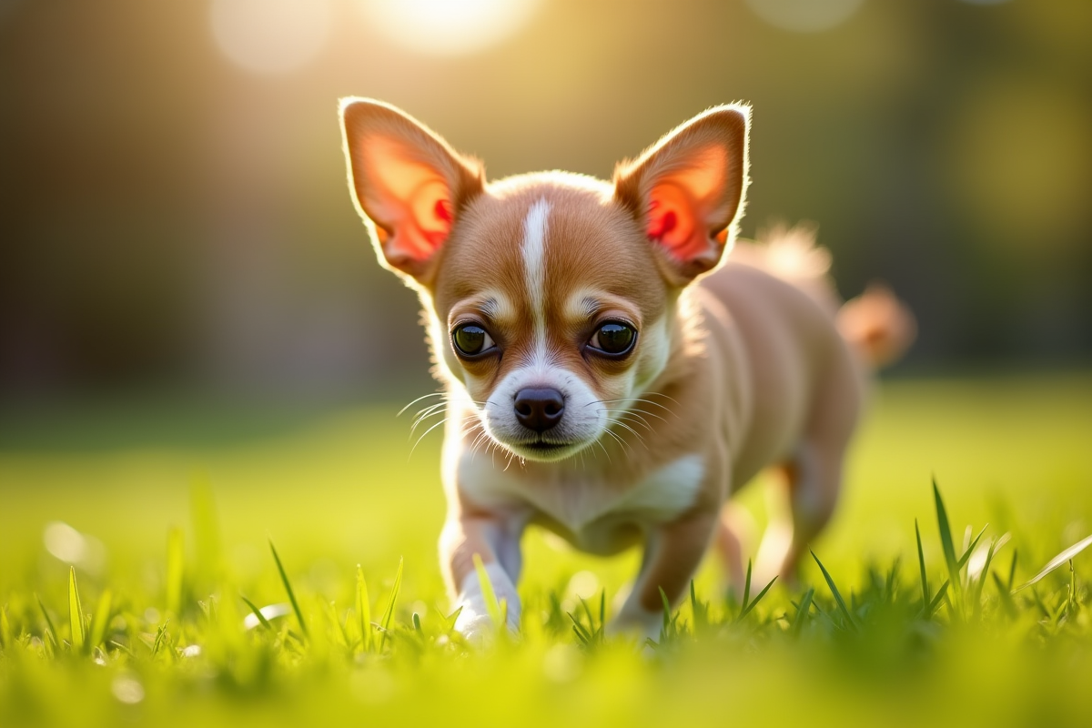 Chihuahua jouant dans un parc ensoleille avec herbe verte