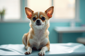Chihuahua assis sur une table d'examen vétérinaire