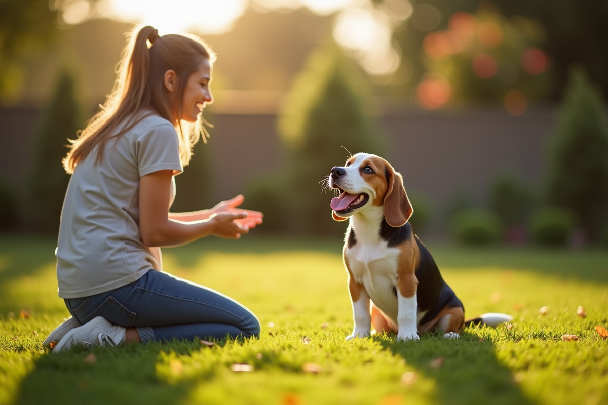 Jeune chiot beagle citron assis sur la pelouse en extérieur