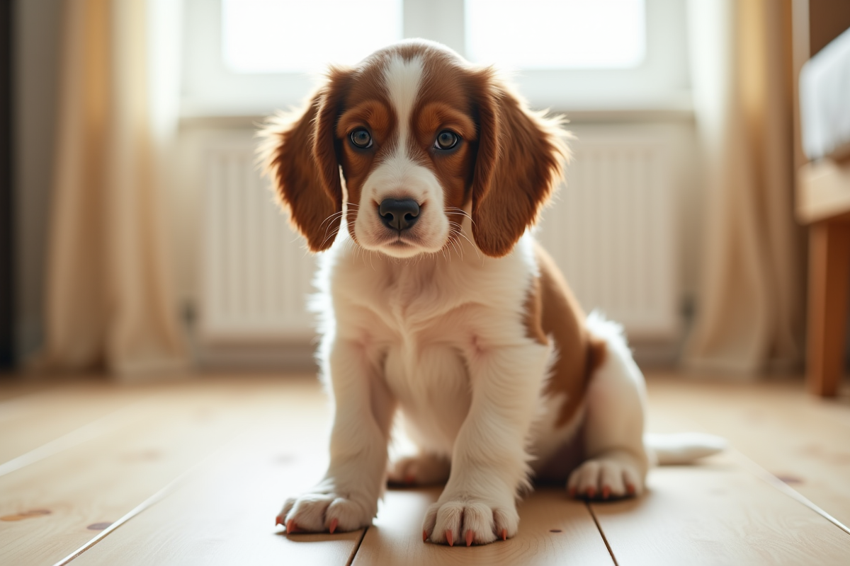 Chiot cocker spaniel regardant attentivement en intérieur