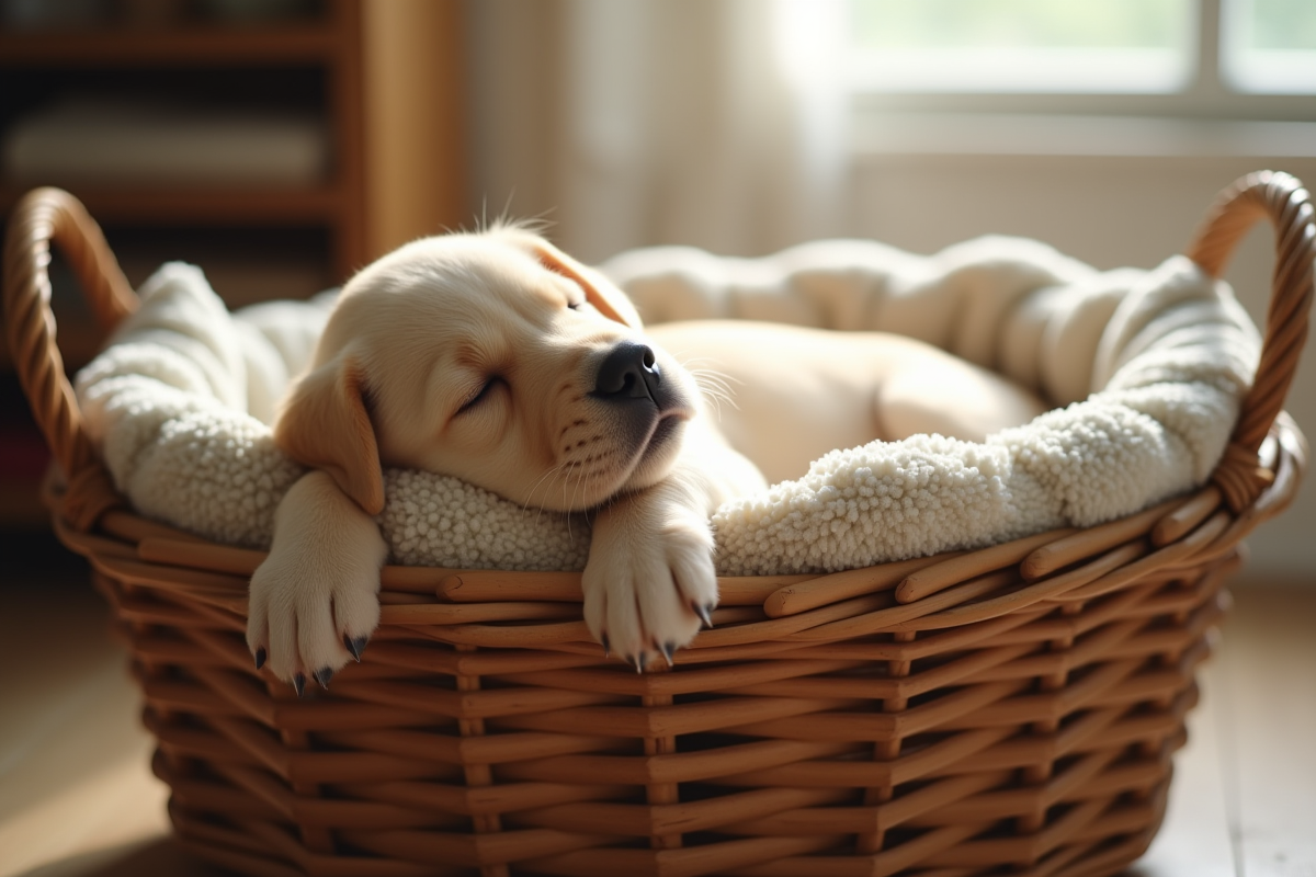 Chiot labrador dormant dans un panier douillet