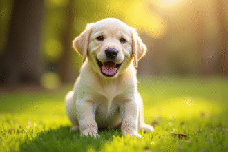 Chiot labrador souriant dans un parc ensoleille