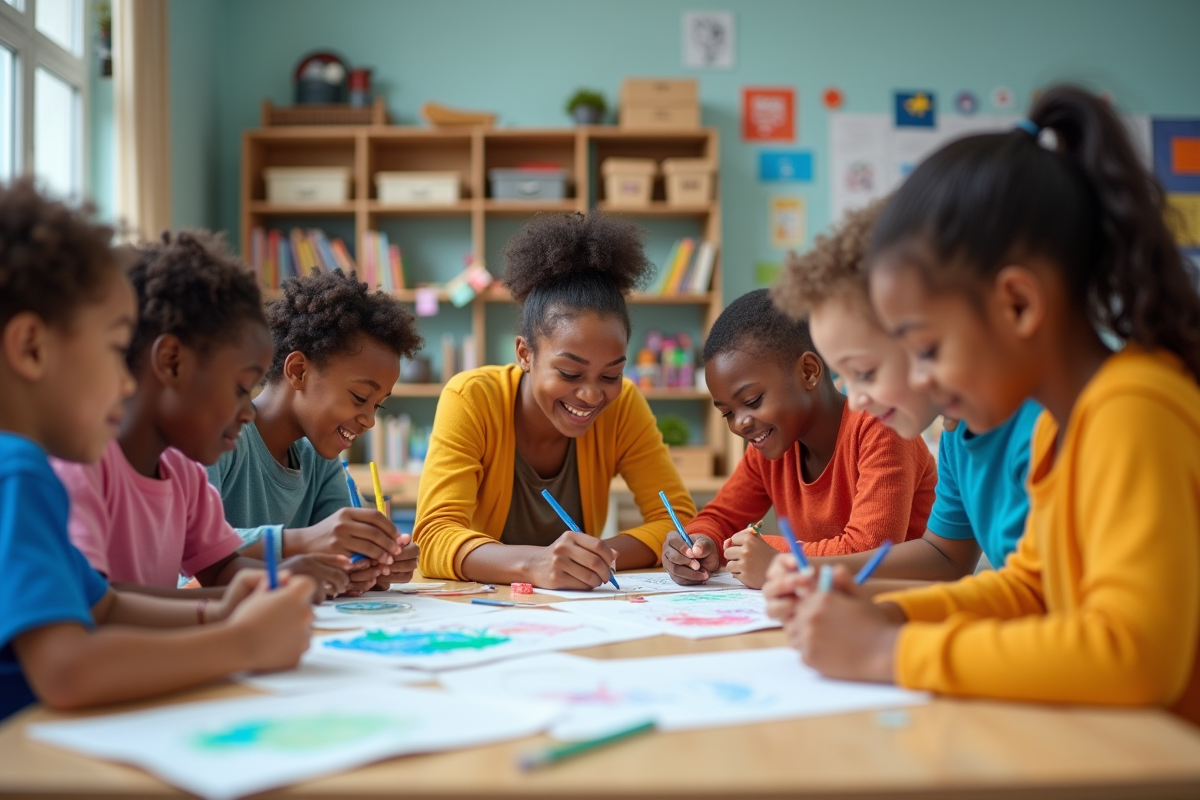 Enfants de divers horizons travaillant sur un projet artistique en classe
