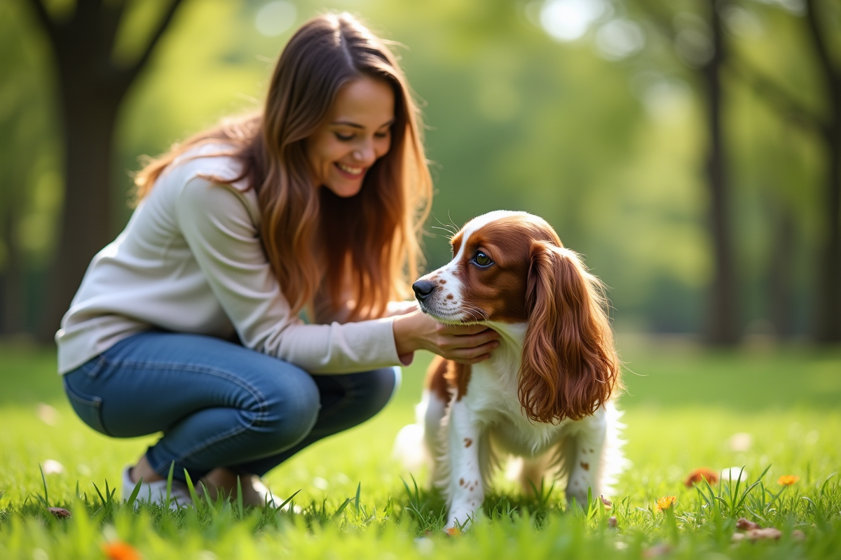 Cocker spaniel adulte en extérieur avec une femme dans un parc