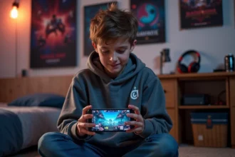 Adolescent consultant des codes QR Brawl Stars sur smartphone dans sa chambre de gamer en 2026