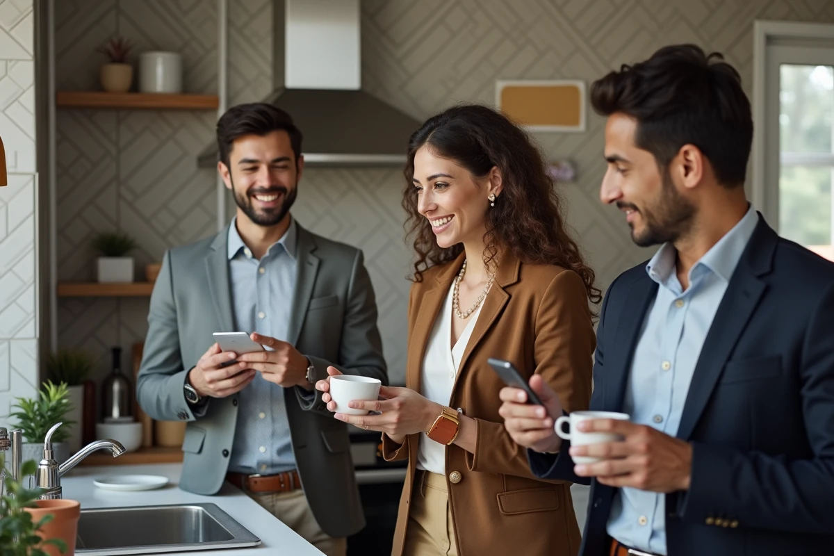 Collegues divers discutant près de la kitchenette au bureau