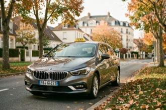 Vue large d'un taxi moderne garé sur une route arborée en Seine-et-Marne, représentant les compagnies de taxi locales en 2026