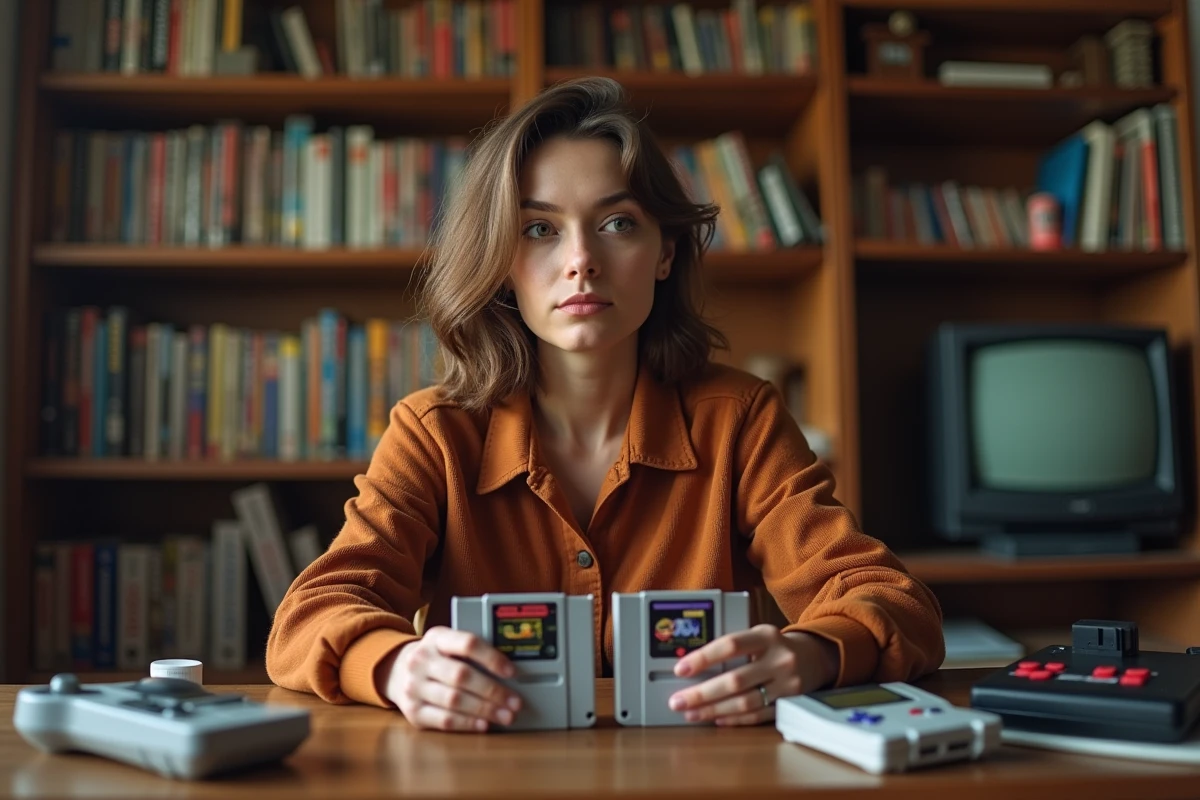 Femme comparant des cartouches de jeux rétro pour éviter les erreurs d'achat à domicile