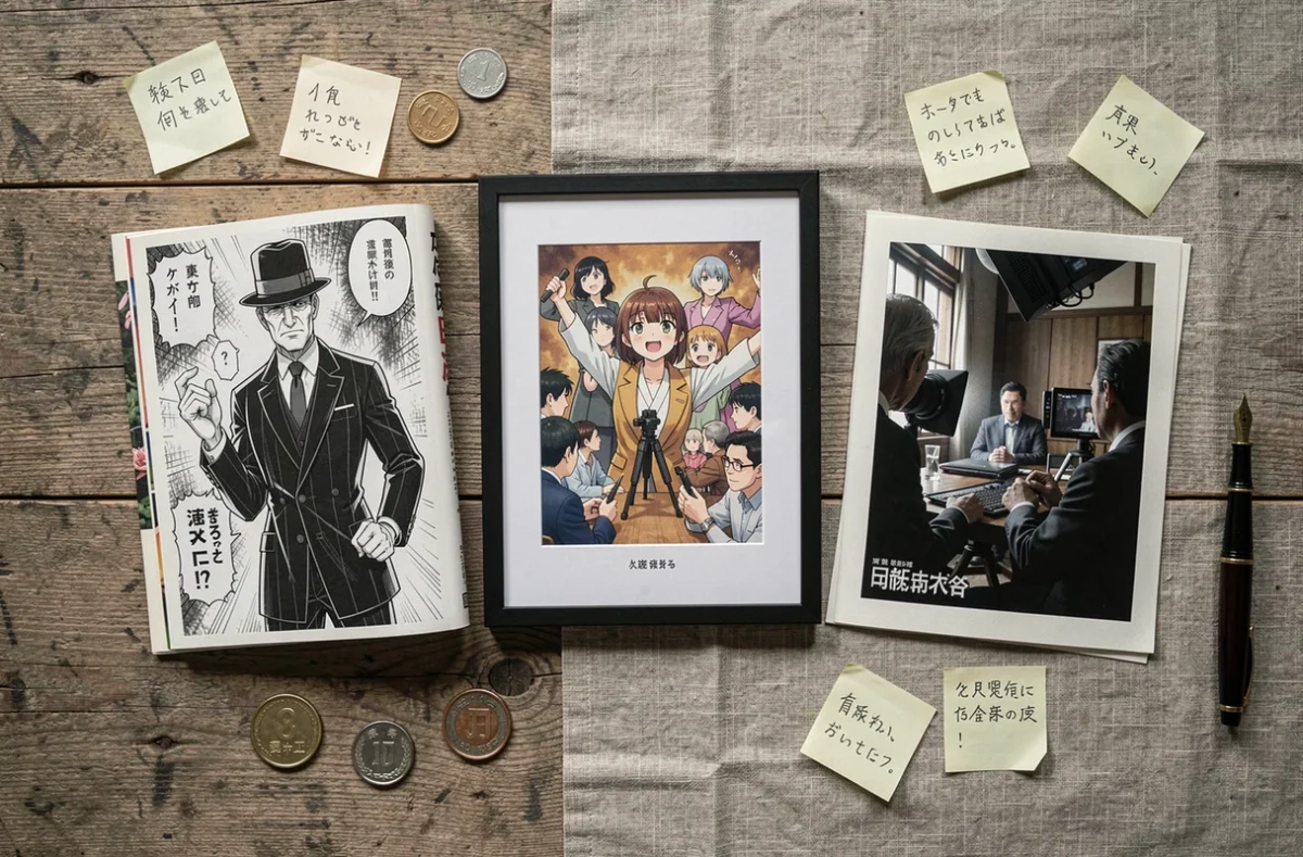 Comparaison côte à côte du manga, de l'anime et du live action One Piece avec des représentations de Klahadore disposées en flat lay éditorial