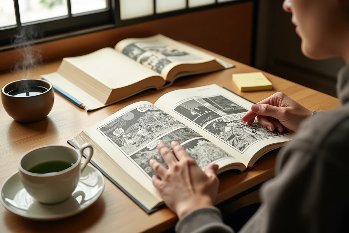 Bureau avec volumes manga Kage no Jitsuryokusha et The Eminence in Shadow ouverts en comparaison sur une table en bois