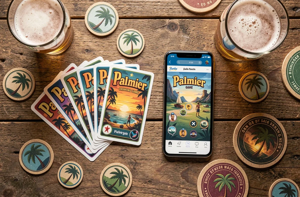 Vue de dessus comparant le jeu de cartes Palmier physique et sa version application mobile posés sur une table en bois avec des verres de bière