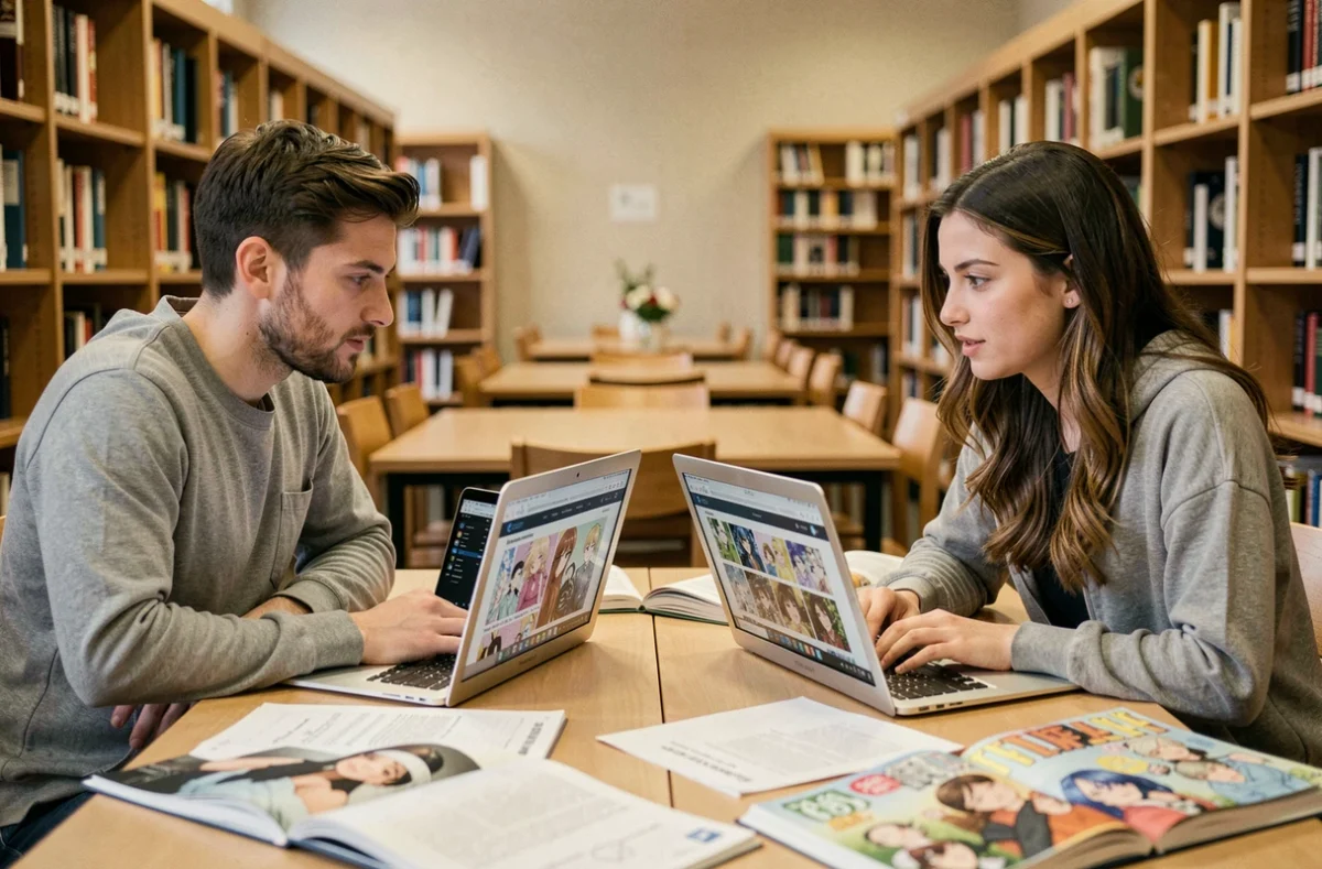 Deux personnes comparant des plateformes alternatives à Sushu Scan dans une bibliothèque pour ne pas perdre leur historique manga