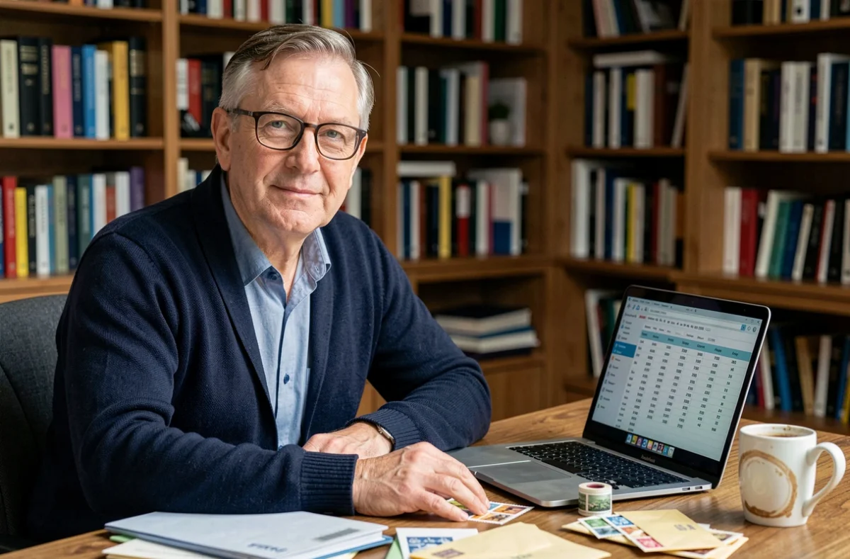 Homme consultant les tarifs d'affranchissement 2026 à son bureau avec des enveloppes et des timbres