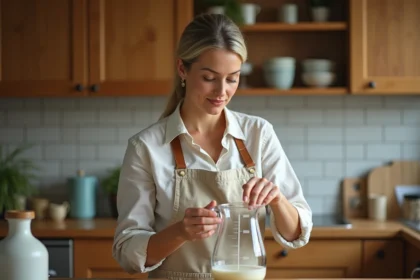 Femme en tablier mesurant un liquide dans un verre gradué en cuisine, illustration pratique de la conversion litre en recette